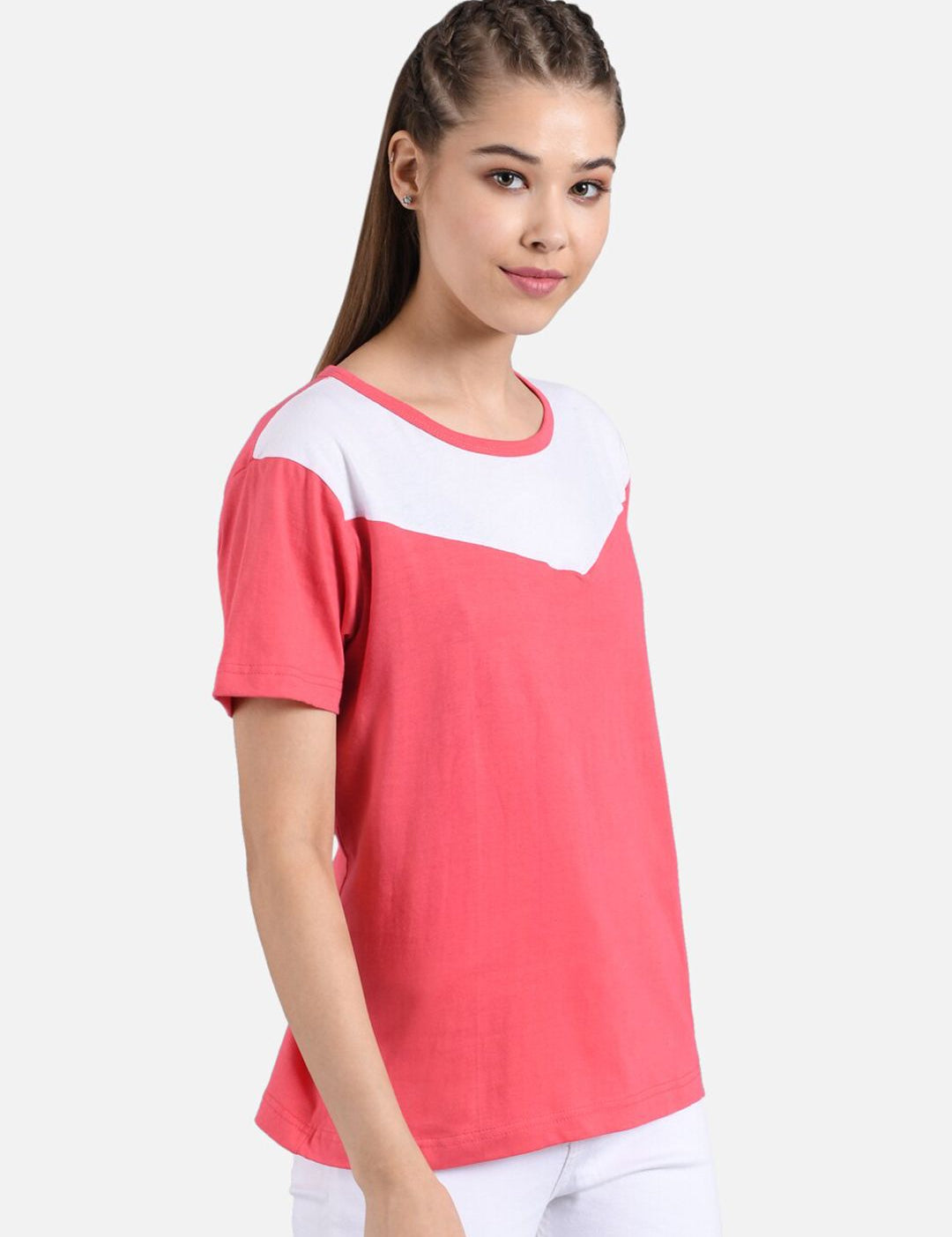 Kotty Women Pink & White Colourblocked Round Neck T-shirt