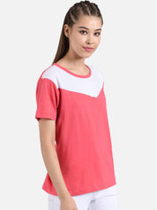 Kotty Women Pink & White Colourblocked Round Neck T-shirt