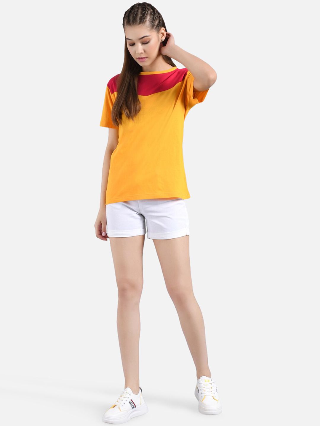 Kotty Women Mustard Yellow & Red Colourblocked Round Neck T-shirt