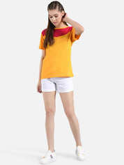 Kotty Women Mustard Yellow & Red Colourblocked Round Neck T-shirt