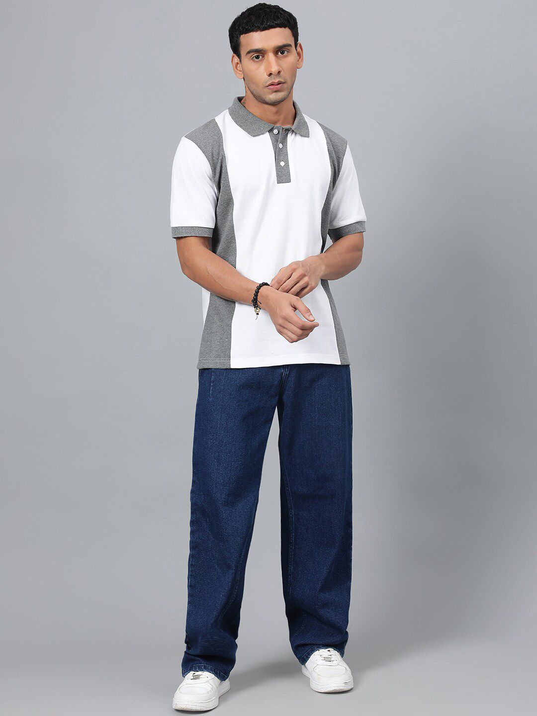 Kotty White & Grey Colourblocked Polo Collar T-shirt