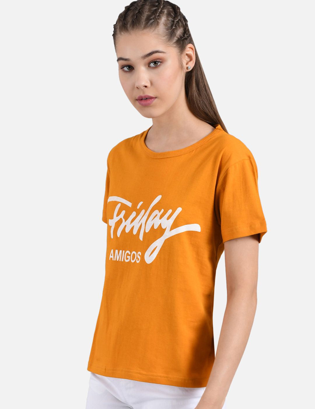 Kotty Women Orange Printed Round Neck T-shirt