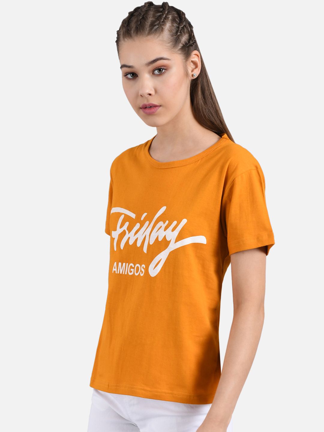 Kotty Women Orange Printed Round Neck T-shirt
