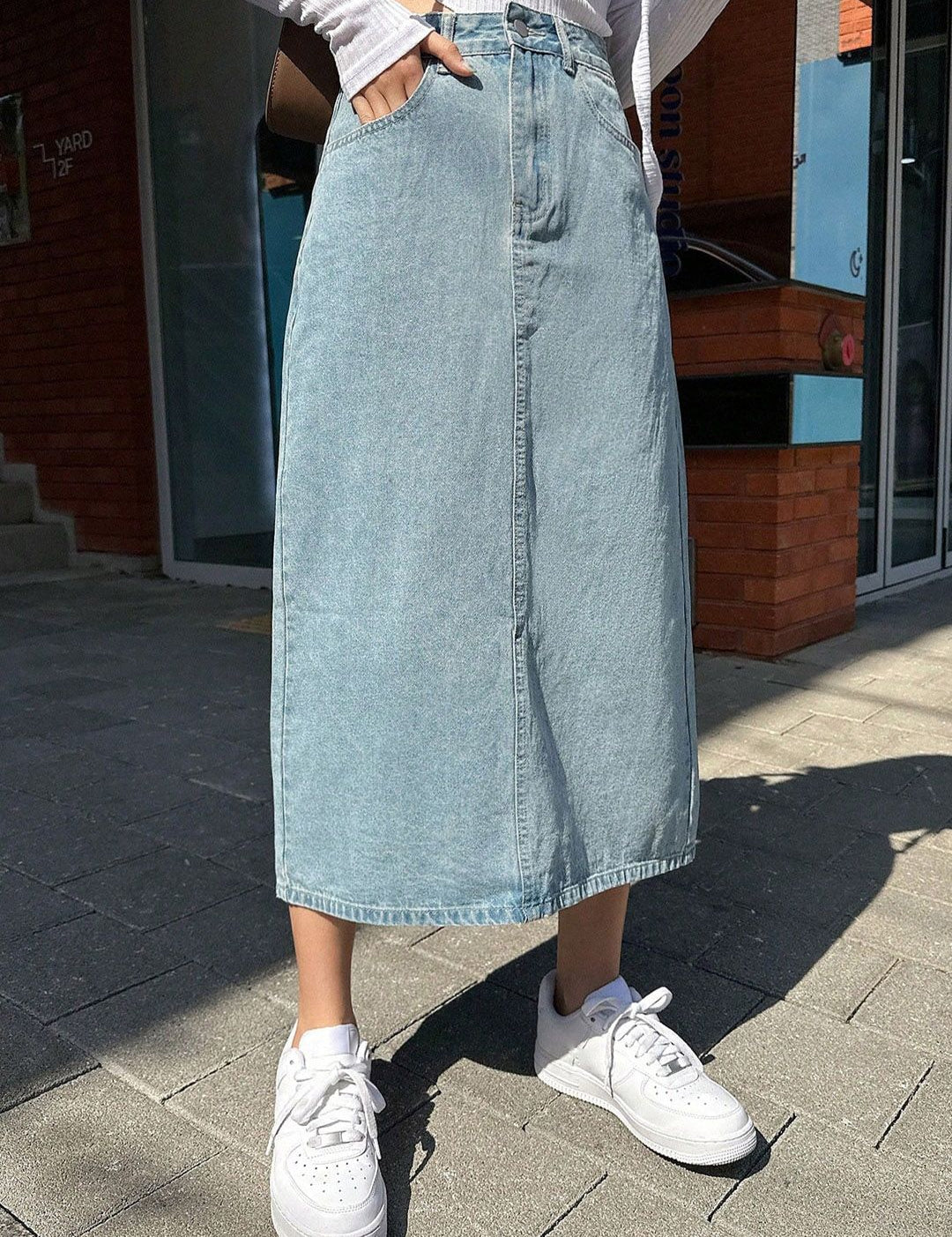 KOTTY Basics Straight Denim Midi Skirt