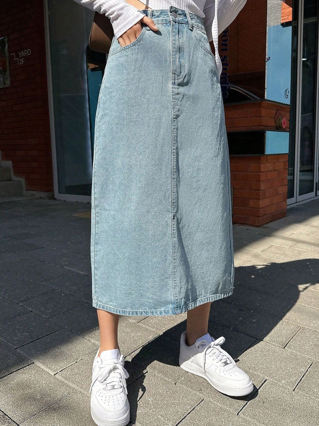 KOTTY Basics Straight Denim Midi Skirt