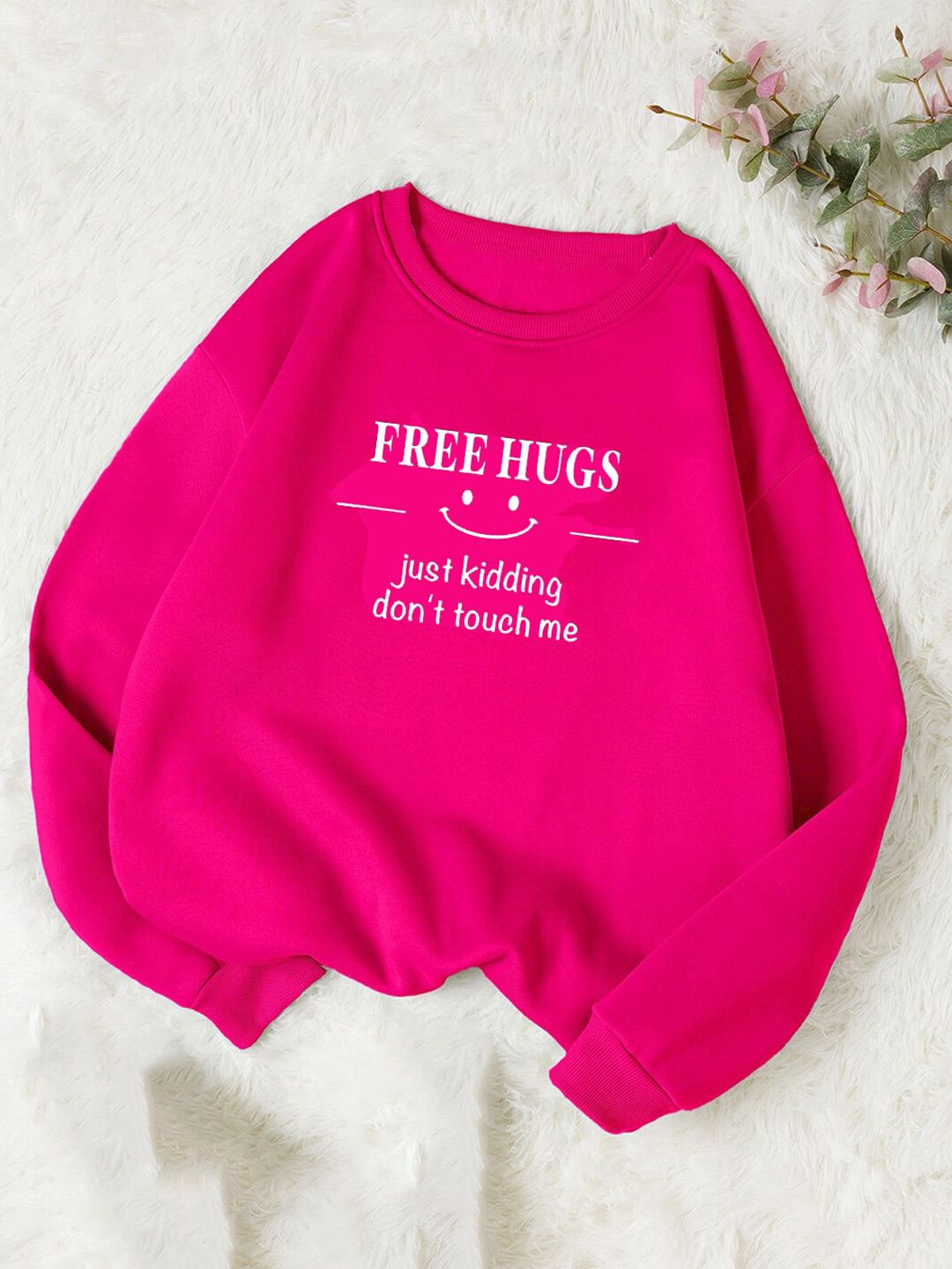 Kotty Pink Typography Printed Long Sleeves Fleece Pullover Sweatshirt