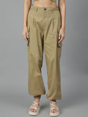Kotty Women High-Rise Easy Wash Pleated Cotton Cargos Trousers
