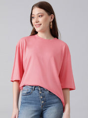KOTTY Basics Round Neck Drop-Shoulder Sleeves Oversized Fit Cotton T-Shirt