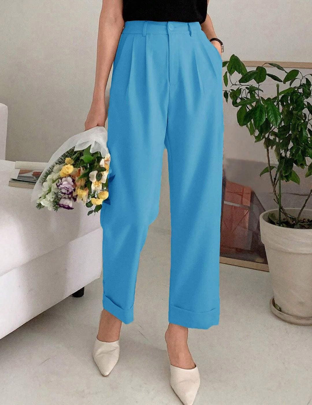 KOTTY BIZwear Women Relaxed Straight Leg Straight Fit High-Rise Cotton Pleated Trousers