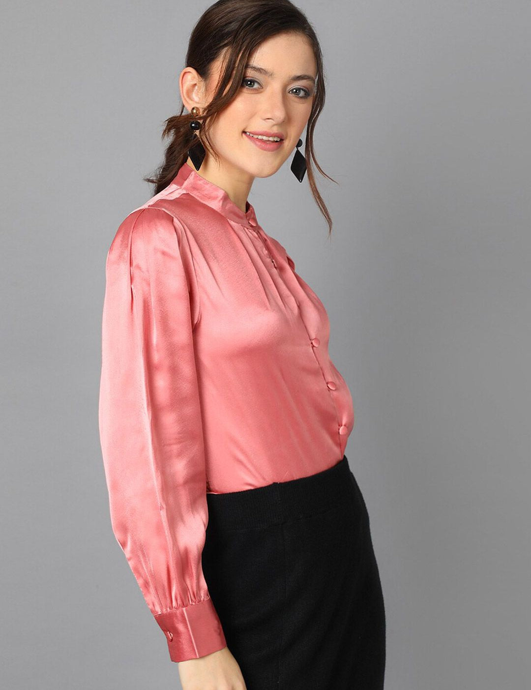 Kotty Pink Cuffed Sleeves Satin Shirt Style Top