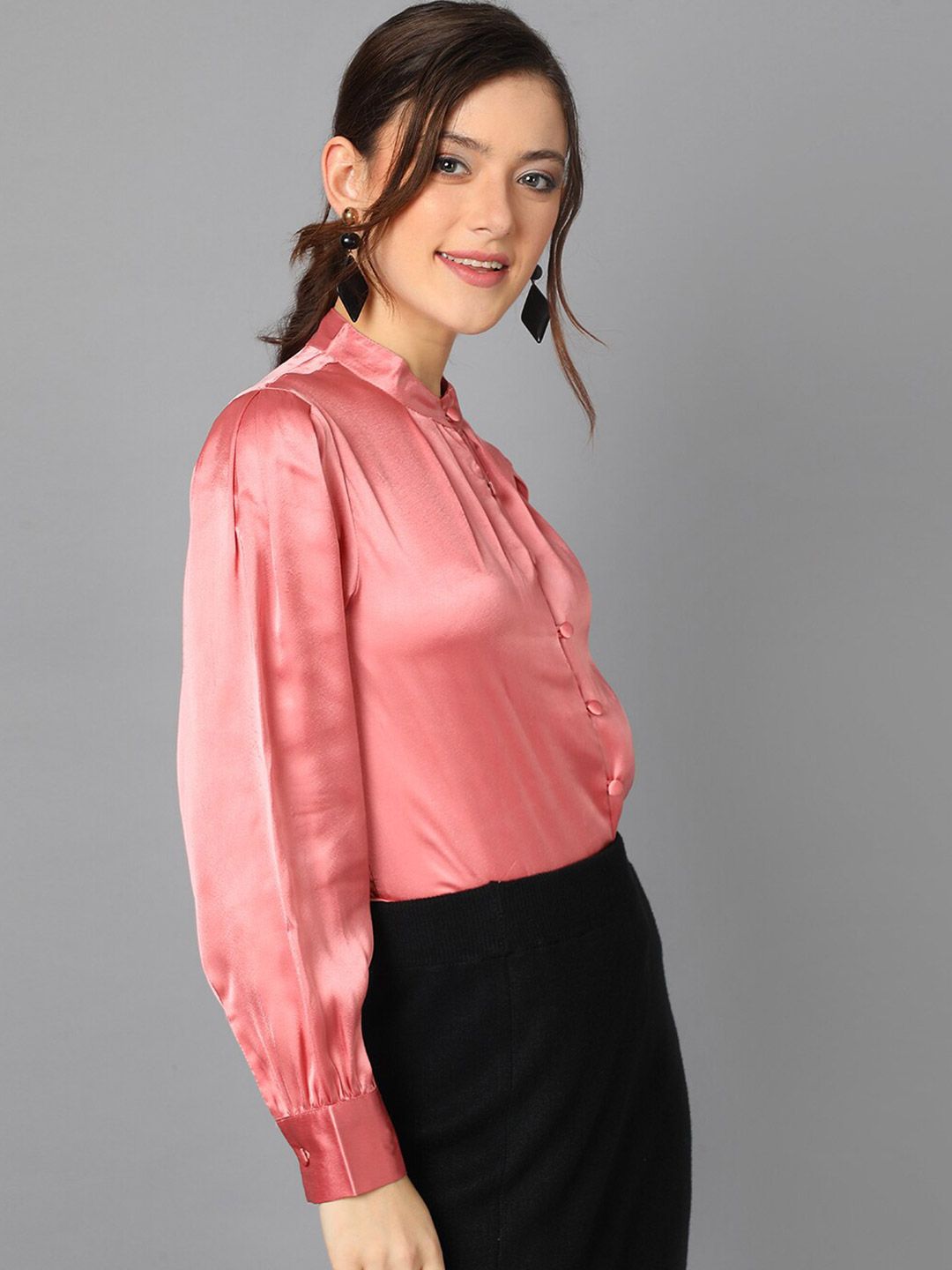Kotty Pink Cuffed Sleeves Satin Shirt Style Top