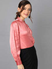 Kotty Pink Cuffed Sleeves Satin Shirt Style Top