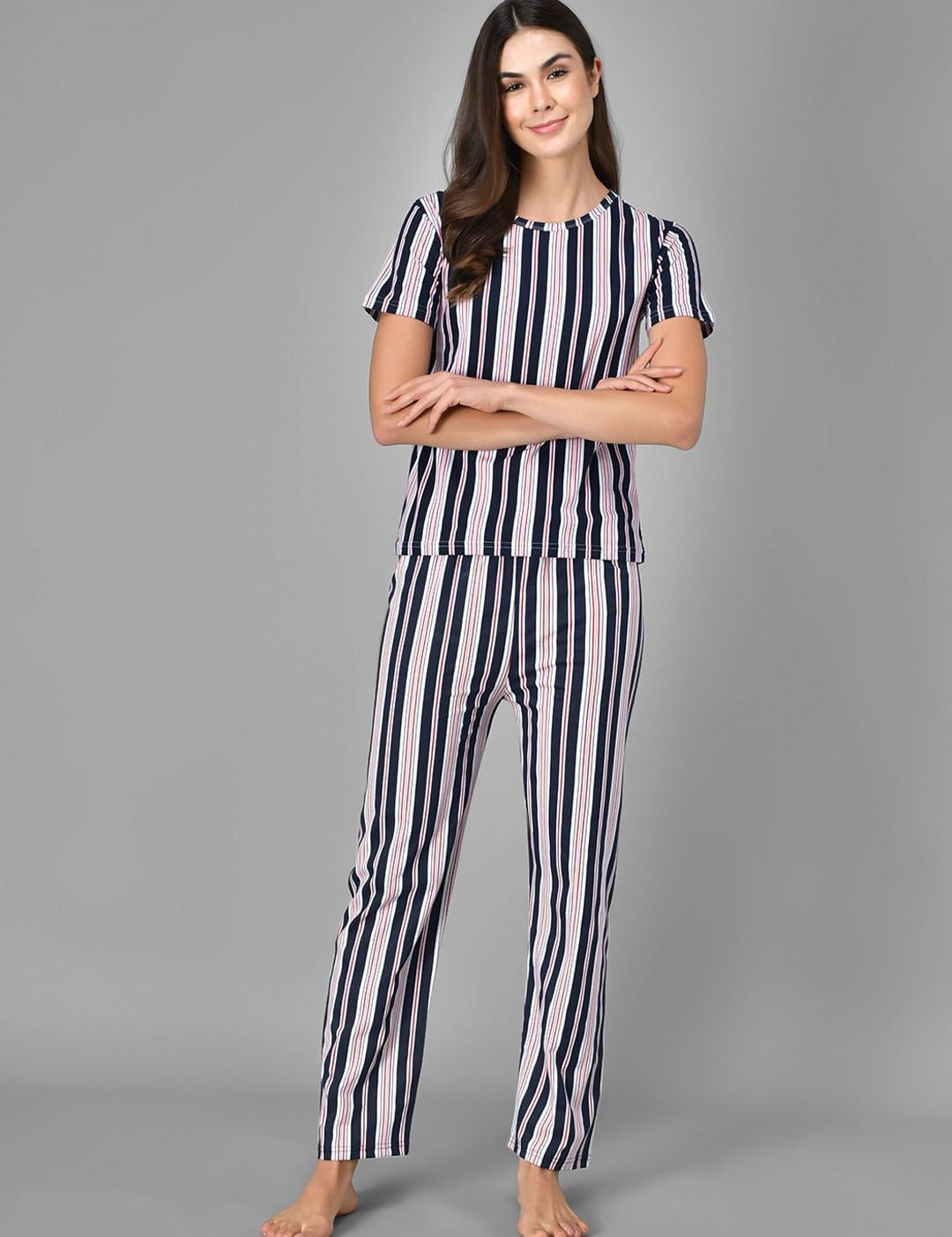 Kotty Women Blue & White Striped Night Suit