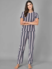Kotty Women Blue & White Striped Night Suit
