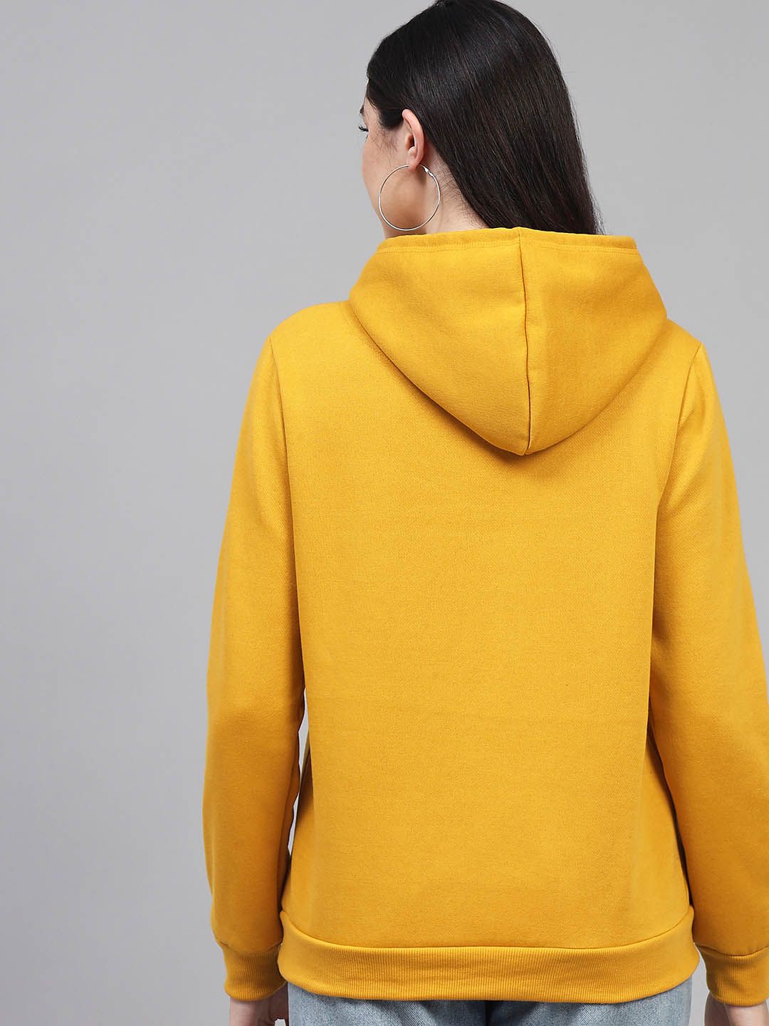 Kotty Women Mustard Printed Fleece Hooded Sweatshirt
