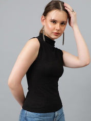 Kotty Black High Neck Sleeveless Fitted Top