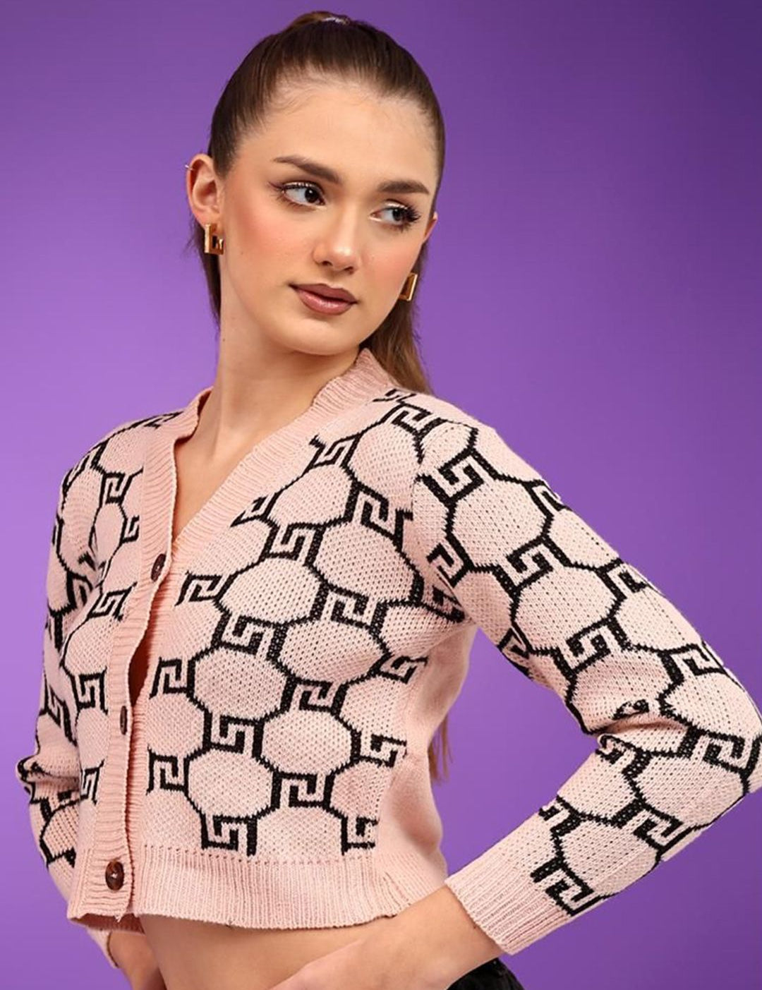 Kotty Women Geometric Printed Cotton Crop Cardigan