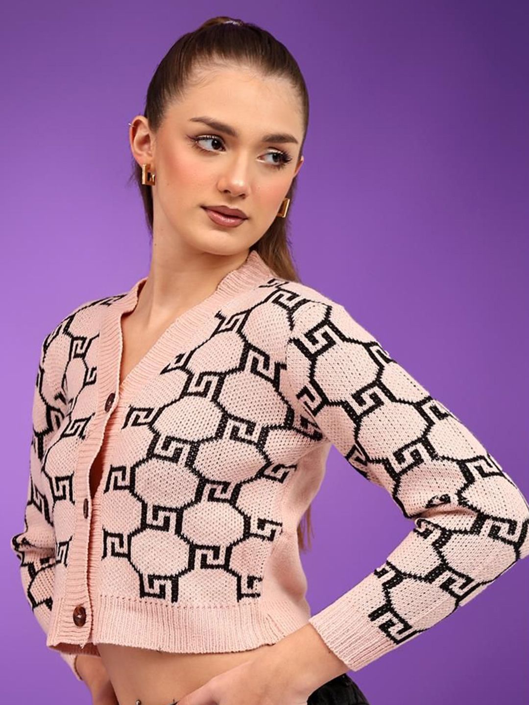 Kotty Women Geometric Printed Cotton Crop Cardigan