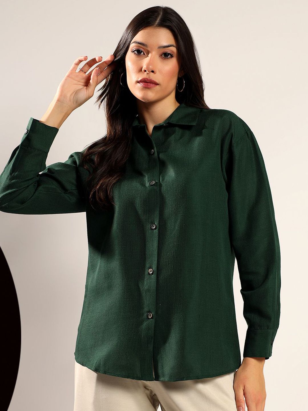 Kotty Women Relaxed Fit Solid Spread Collar Cotton Casual Shirt