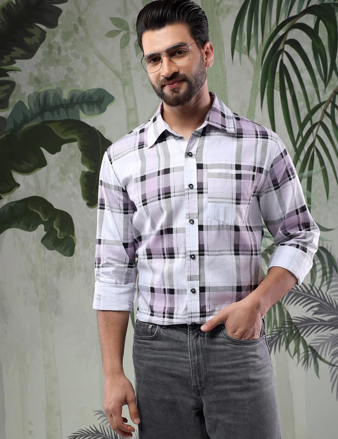 Kotty Men Spread Collar Tartan Checked Casual Shirt