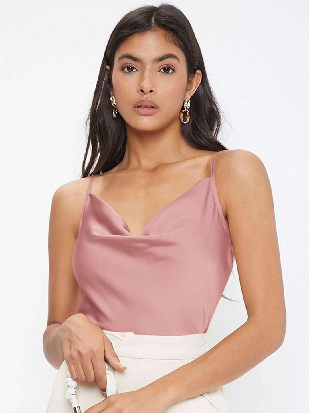 Kotty Women Solid Cowl Neck Shoulder Straps Satin Top