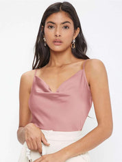 Kotty Women Solid Cowl Neck Shoulder Straps Satin Top