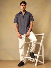 Kotty Men Comfort Fit Solid Spread Collar Linen Casual Shirt