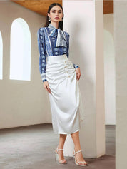 Kotty Women Printed Tie-Up Neck Long Sleeves Satin Top