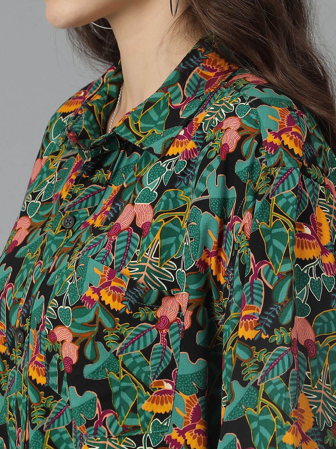 Kotty Women Spread Collar Floral Printed Cotton Oversized Casual Shirt