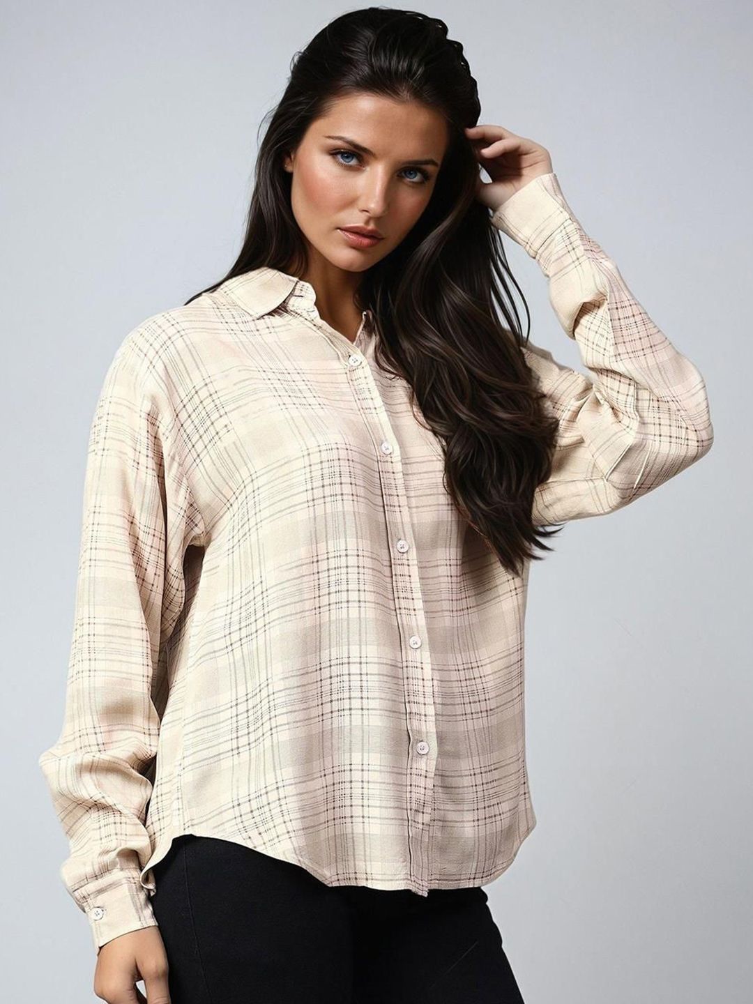Kotty Women Spread Collar Checked Cotton Casual Shirt