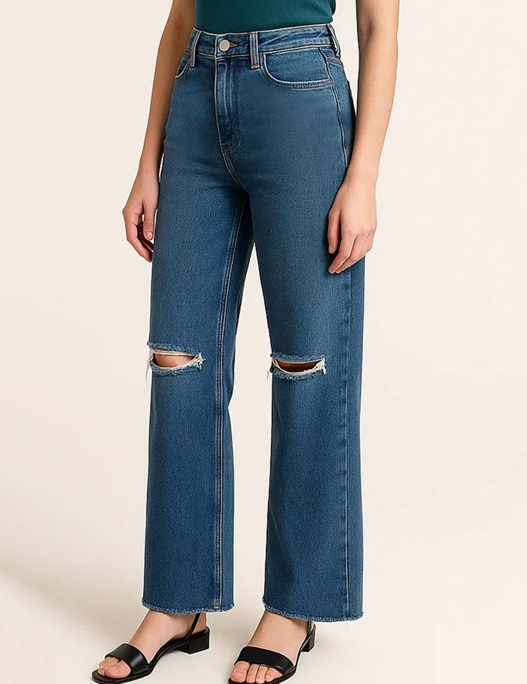 Kotty Womens Dark Blue High-Rise Straight Fit Distress Jeans