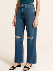 Kotty Womens Dark Blue High-Rise Straight Fit Distress Jeans