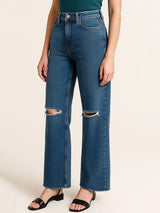 Kotty Womens Dark Blue High-Rise Straight Fit Distress Jeans