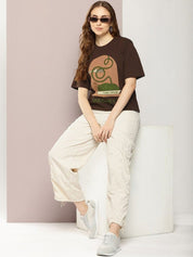 Kotty Graphic Printed Round Neck Drop-Shoulder Sleeves Oversized T-shirt