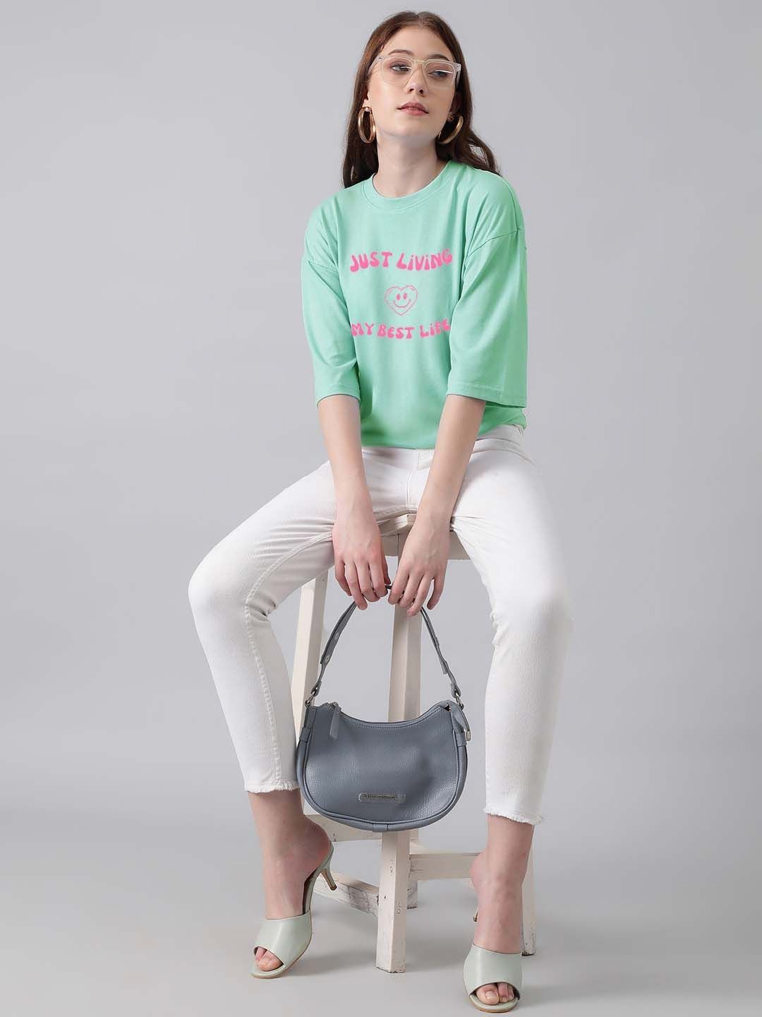 Kotty Cotton Typography Printed Drop-Shoulder Sleeves Oversized T-shirt