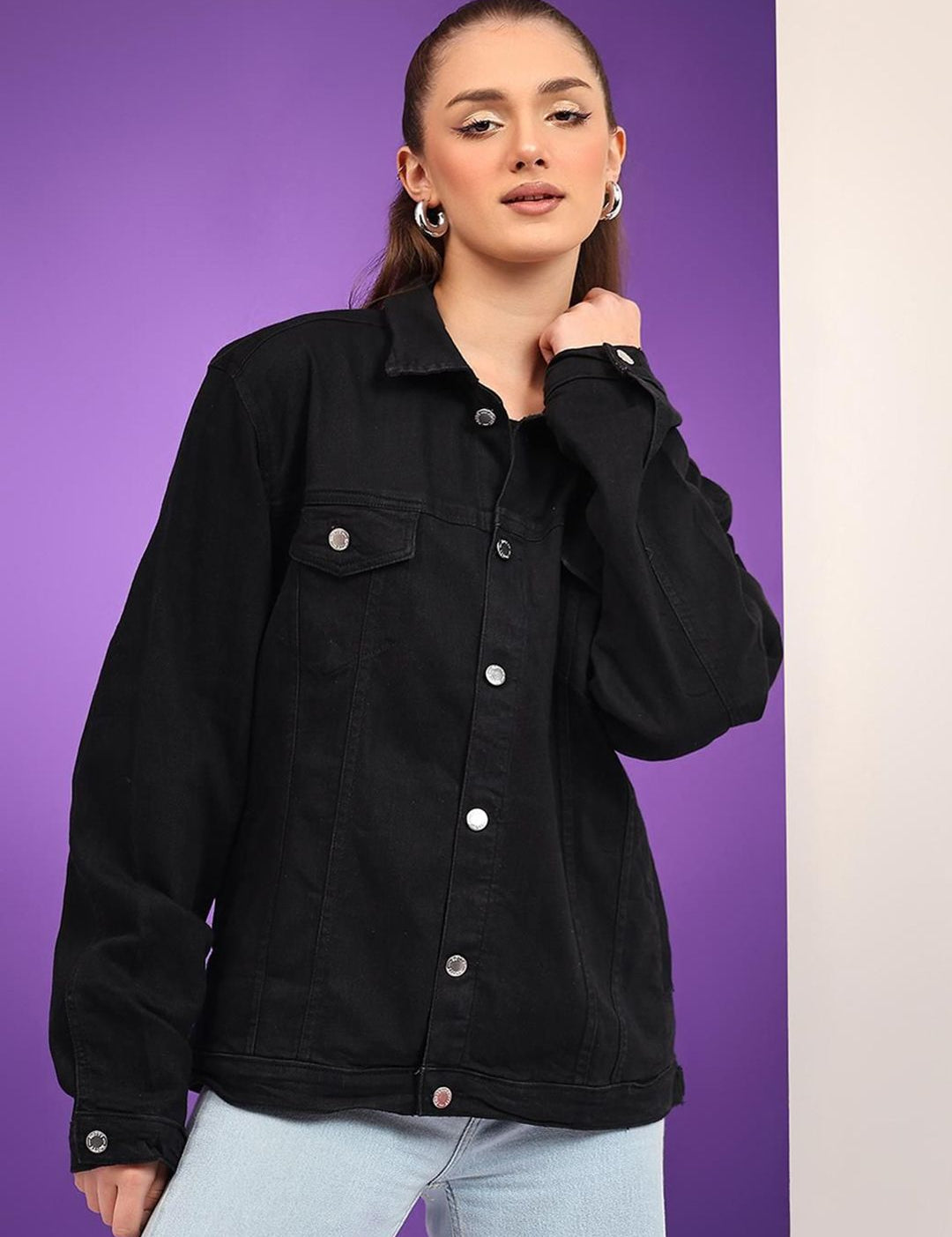 Kotty Women Spread Collar Solid Casual Denim Jacket