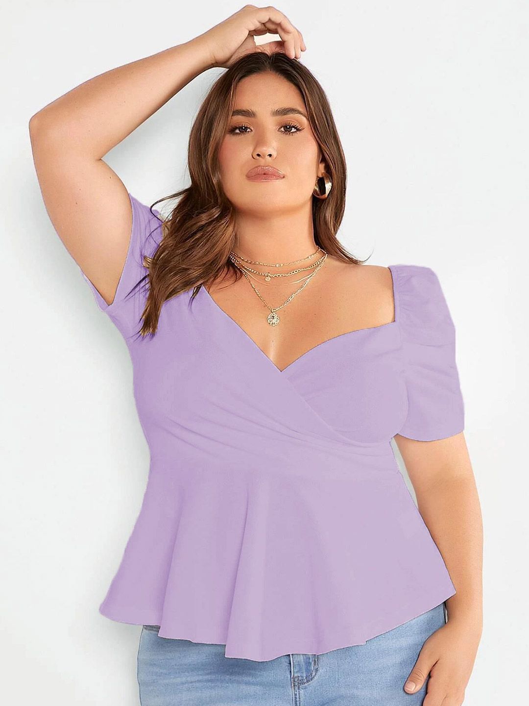 KOTTY Sweetheart Neck Puff Sleeve Peplum Top