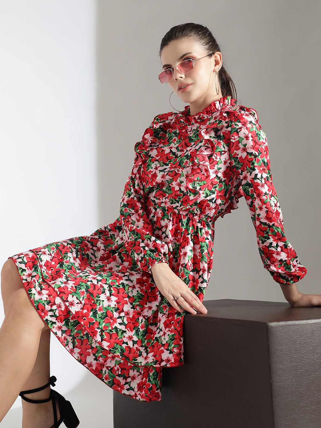 Kotty Women Floral Printed Bishop Sleeve Crepe Fit & Flare Dress