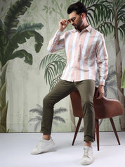 Kotty Men Spread Collar Vertical Striped Casual Shirt