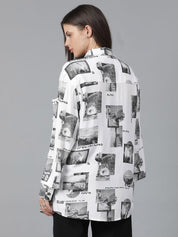 Kotty Women Spread Collar Conversational Printed Cotton Oversized Casual Shirt