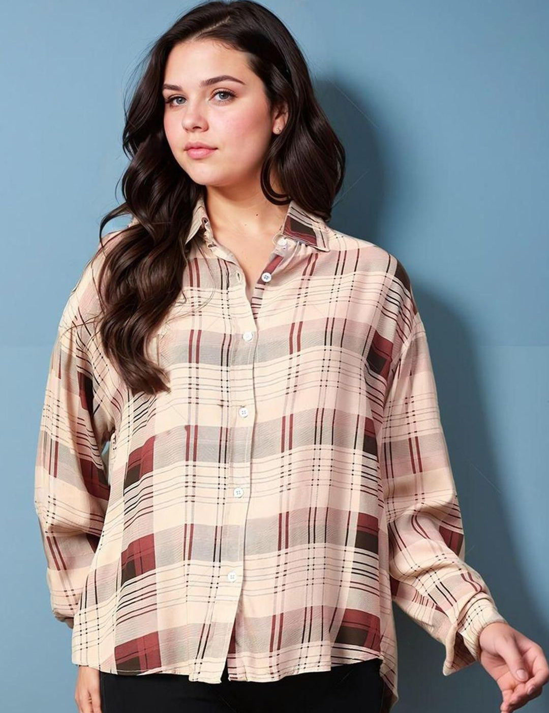 Kotty Women Spread Collar Tartan Checked Cotton Casual Shirt