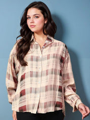 Kotty Women Spread Collar Tartan Checked Cotton Casual Shirt