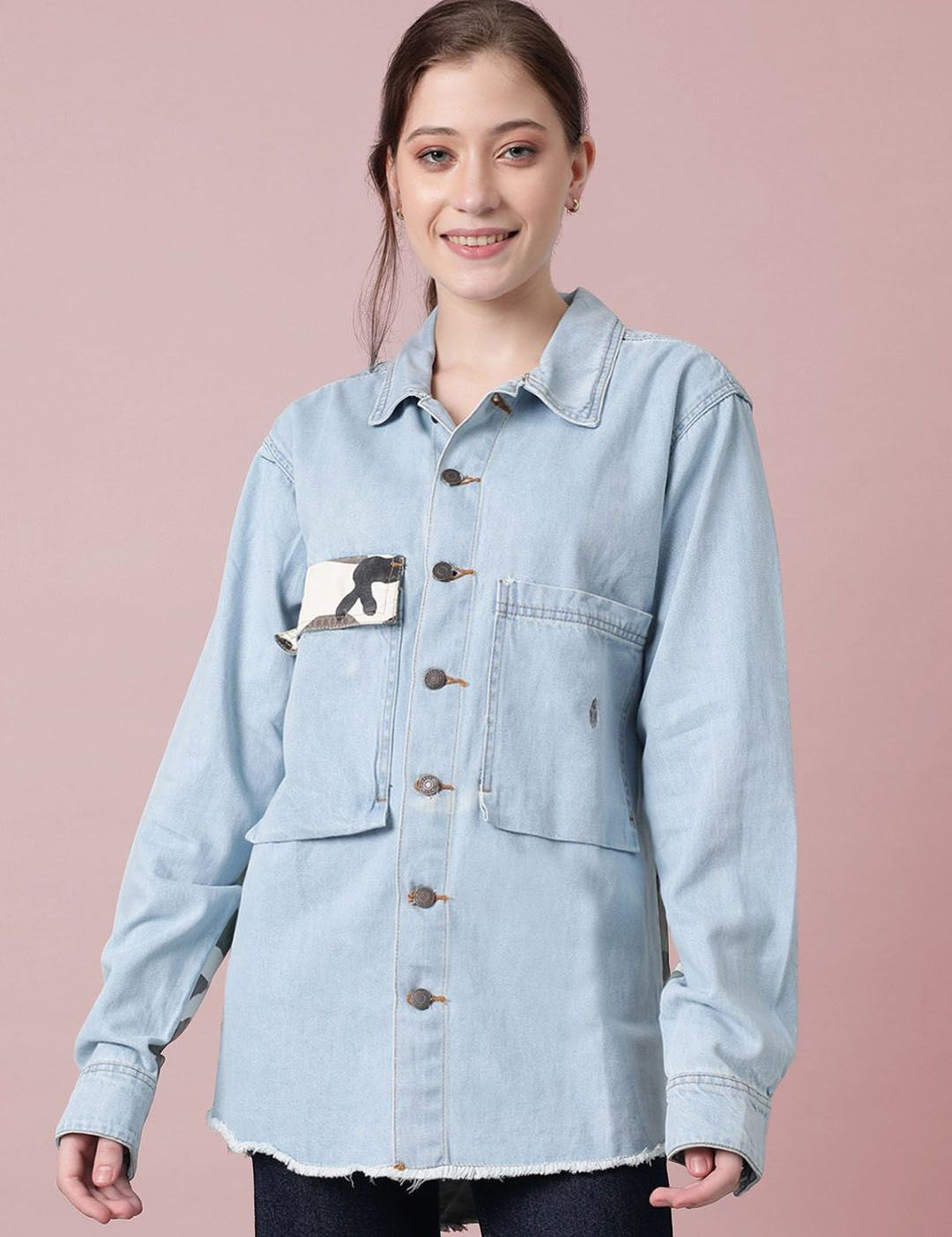 Kotty Women Spread Collar Camouflage Printed Cotton Casual Denim Jacket