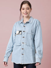 Kotty Women Spread Collar Camouflage Printed Cotton Casual Denim Jacket