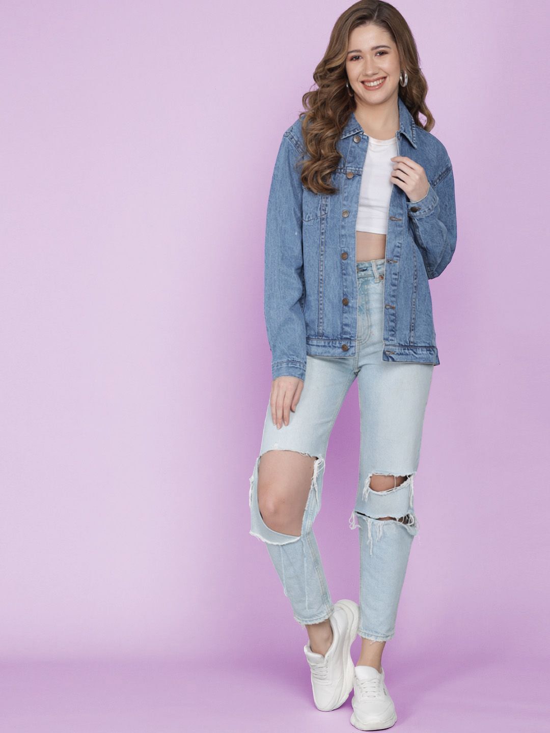 Kotty Women Spread Collar Washed Self Design Cotton Casual Denim Jacket