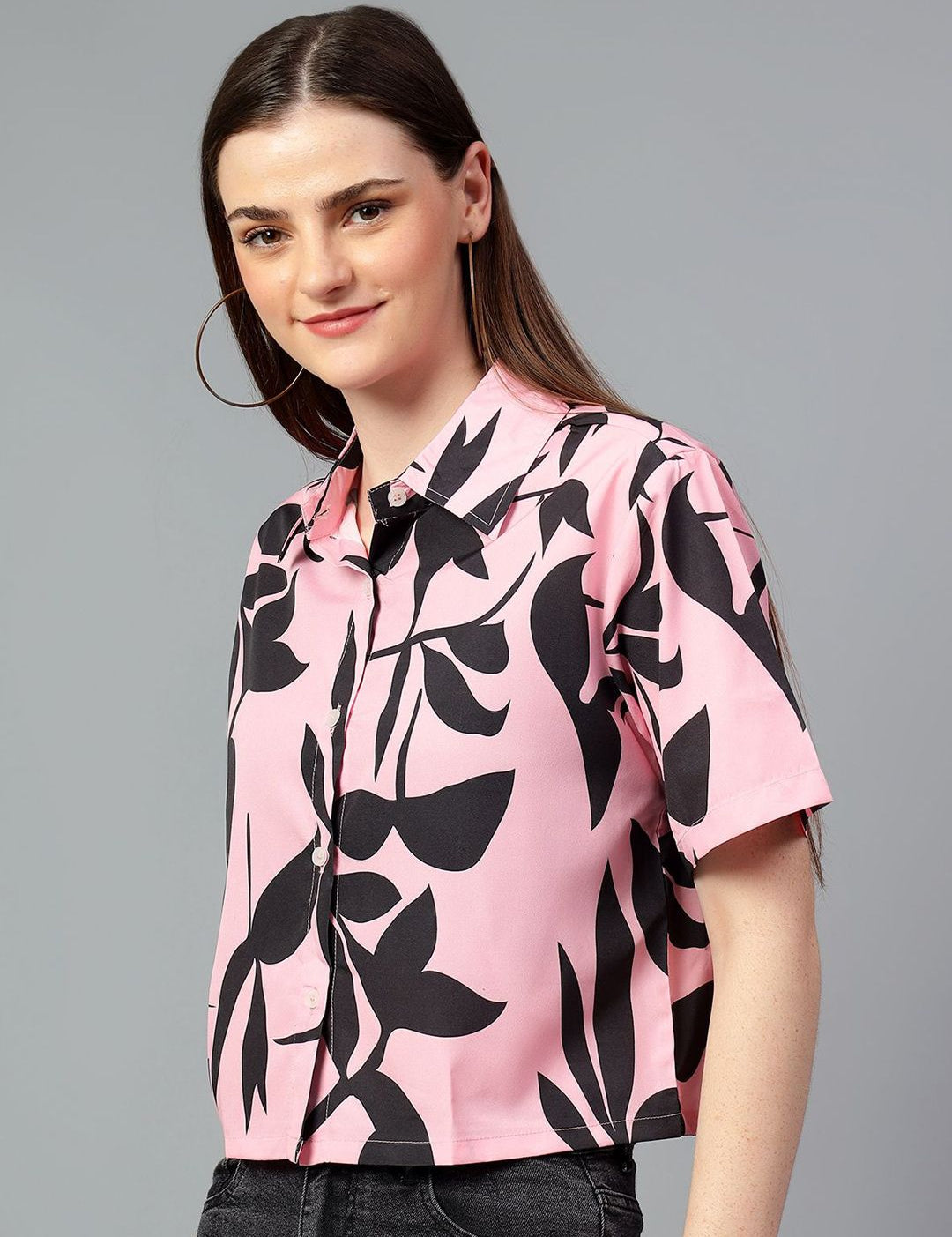Kotty Women Comfort Spread Collar Floral Printed Crepe Oversized Casual Shirt