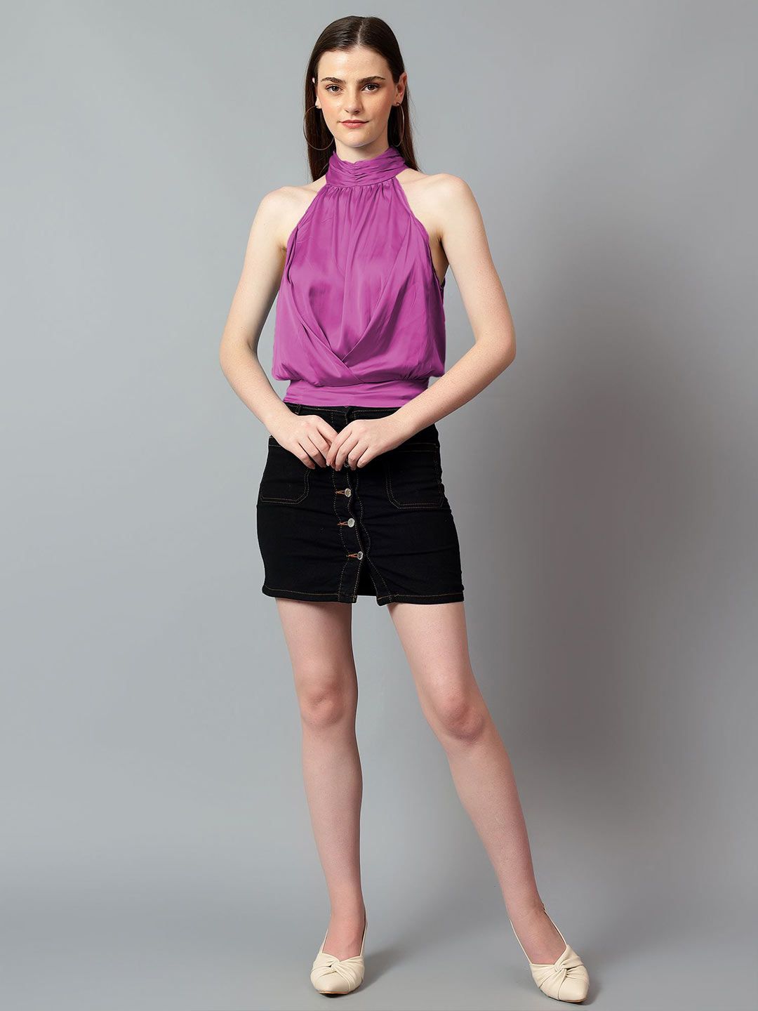 Kotty Women Solid Halter Neck Satin Top