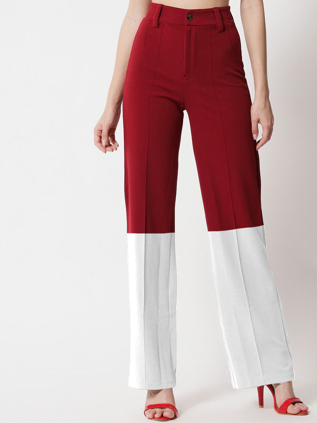 Kotty Women Colourblocked Relaxed Straight Leg Straight Fit High-Rise Easy Wash Trousers