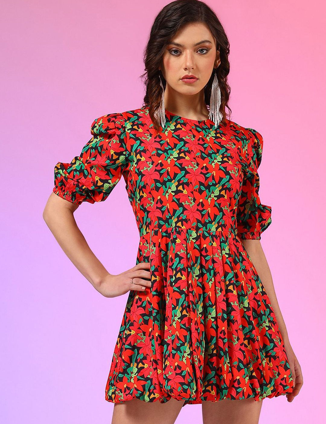 Kotty Women Printed Puffed Sleeves Fit & Flare Mini Dress