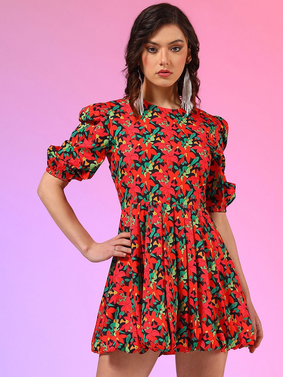 Kotty Women Printed Puffed Sleeves Fit & Flare Mini Dress